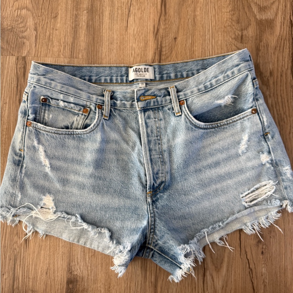 Agolde Faded Blue Frayed Denim Shorts